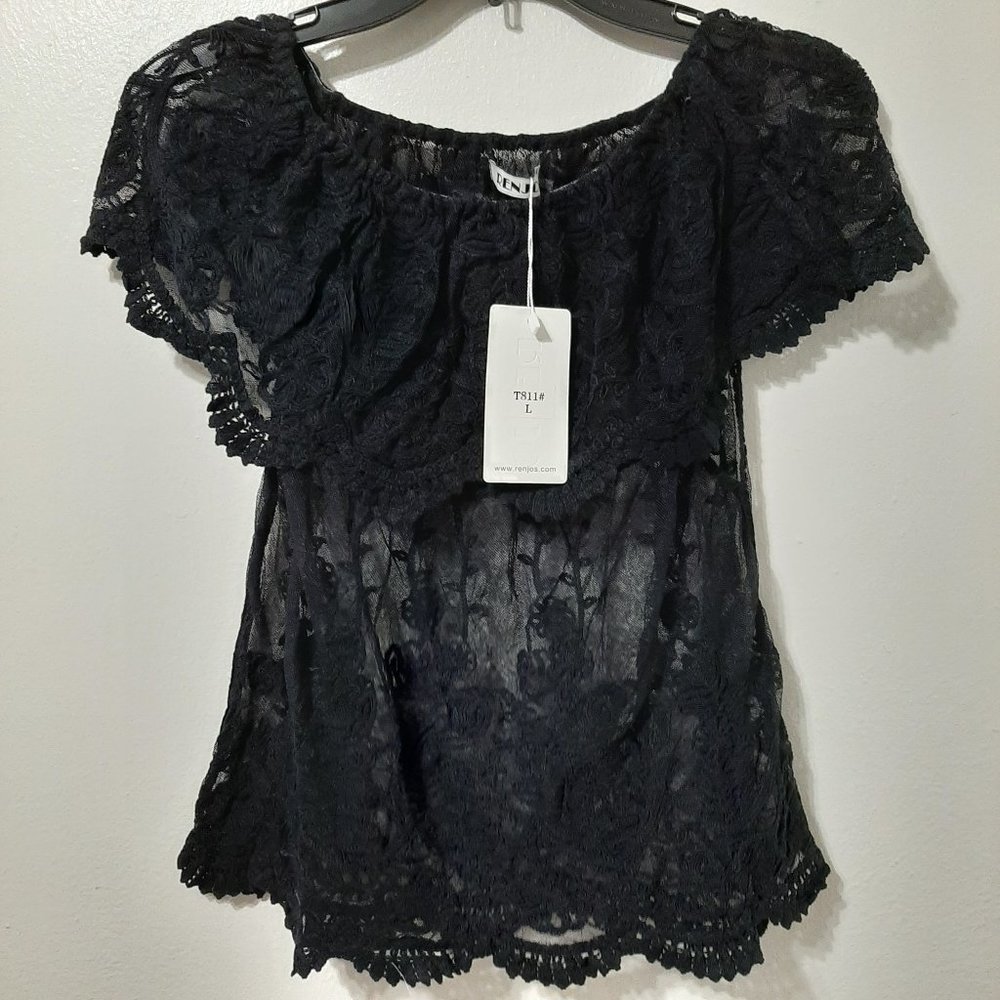 Off the shoulder Black mesh flora embroidered top - Picture 5 of 5